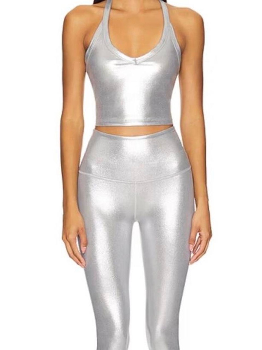 Beyond Yoga On the Up liquid silver sports Bra & High-Waist Leggings set medium